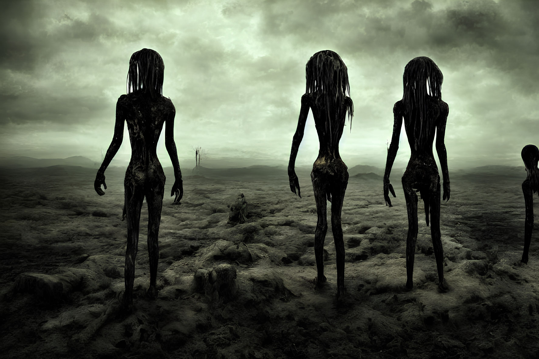 Humanoid Figures in Desolate Landscape with Ominous Sky