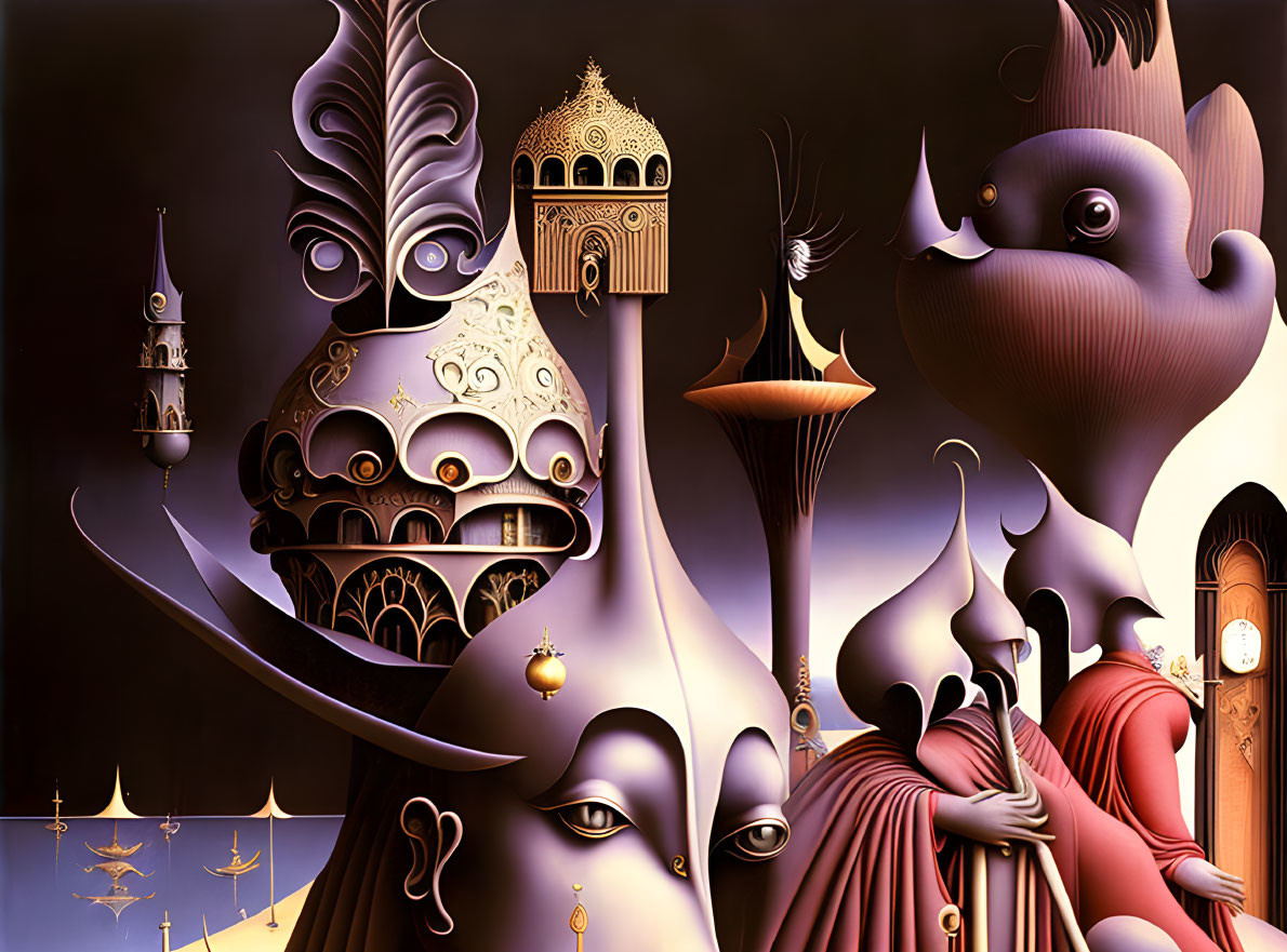 Surreal illustration: architecture and face shapes with ornate details in desert setting