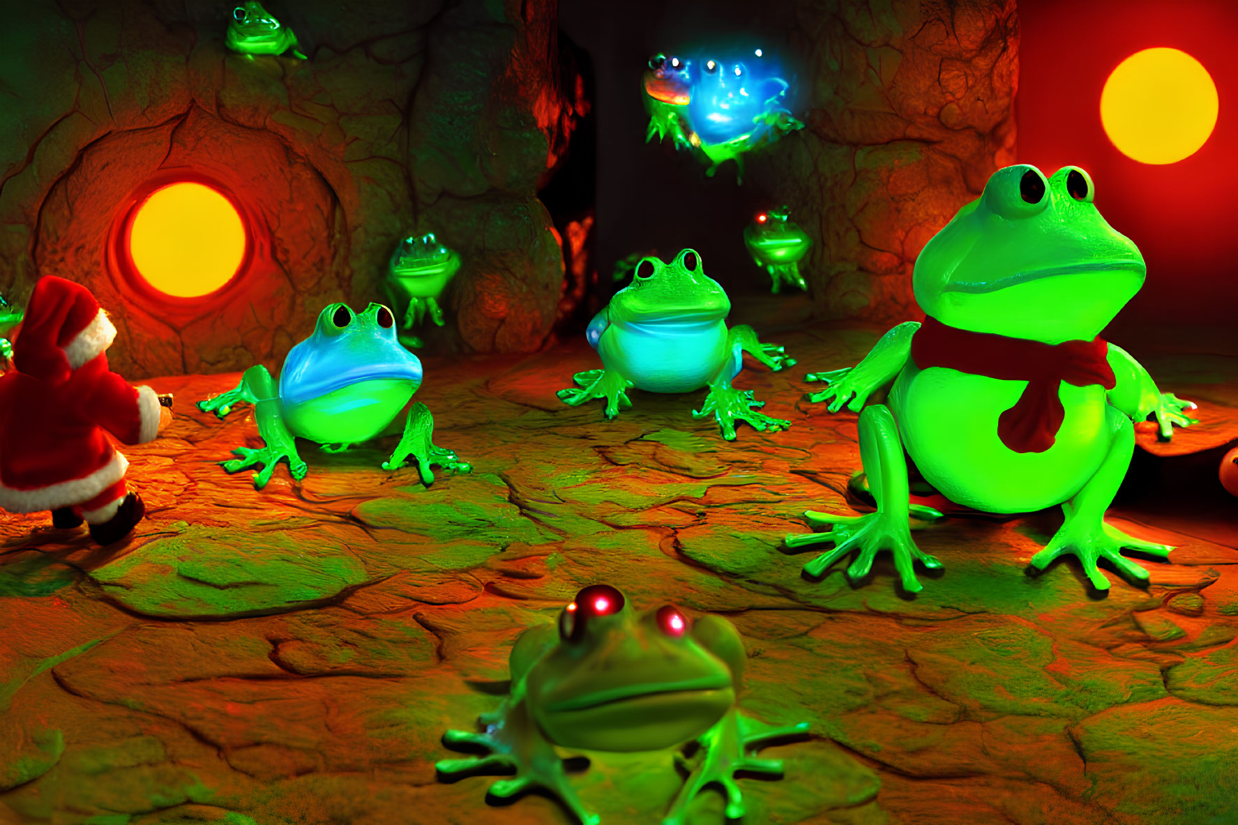 Colorful Cartoon Frogs with Santa Claus and Glowing Creatures