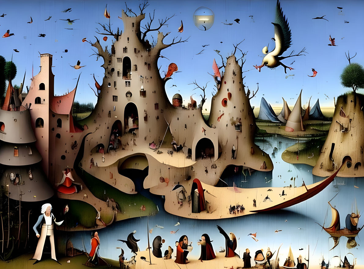 Surreal landscape with tree-like castles and fantastical creatures