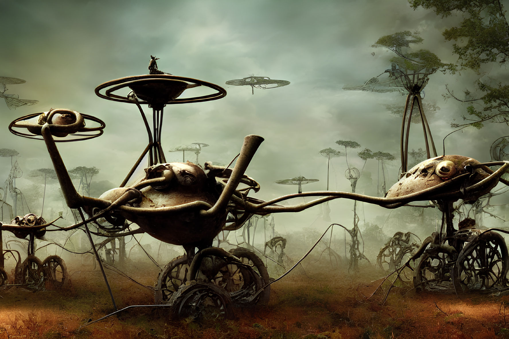 Surreal Landscape with Alien-Like Tripod Structures in Misty Forest