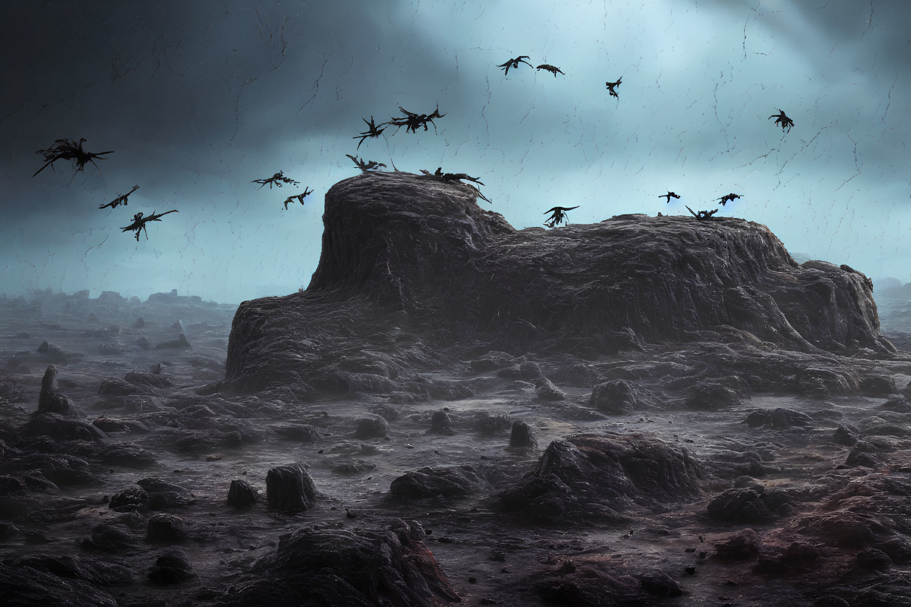 Desolate landscape with rock formation and dragon-like creatures under stormy sky