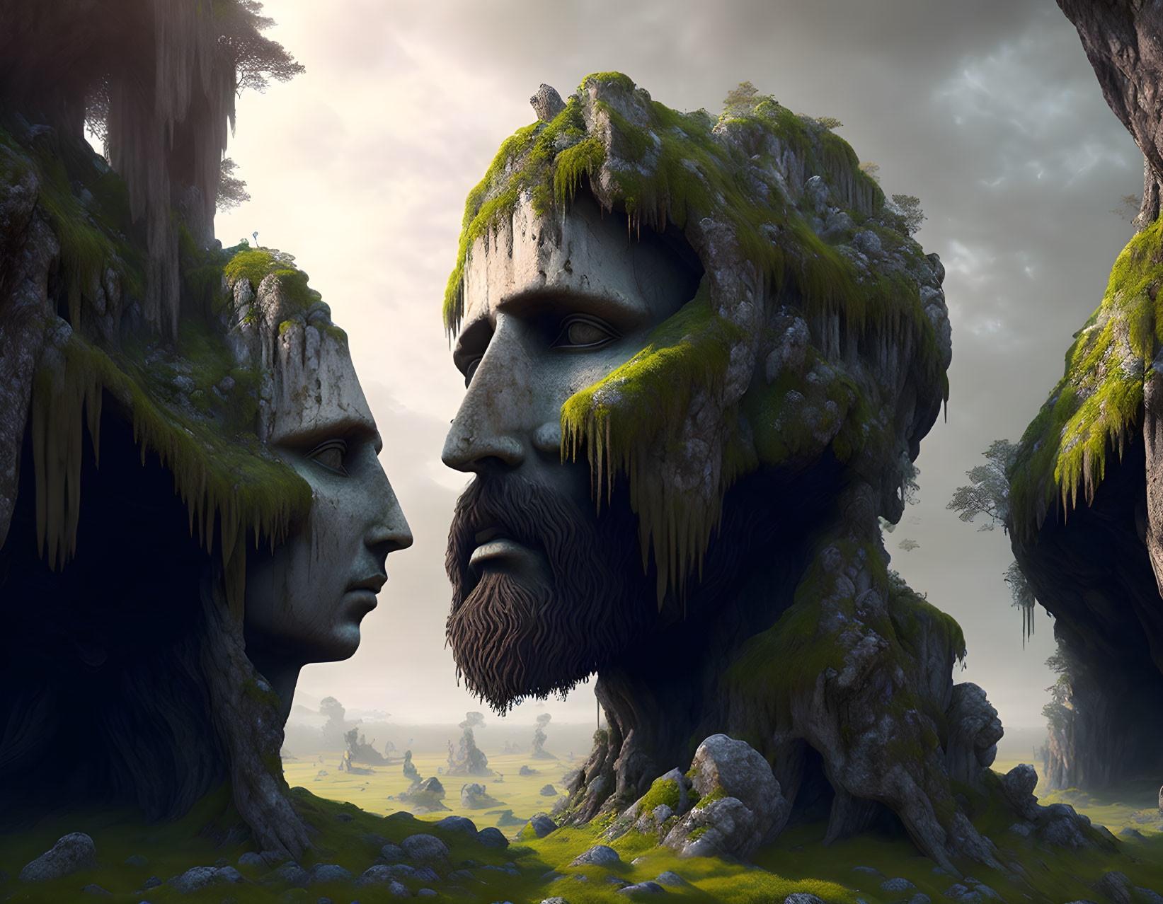 Stone faces covered in moss and greenery in misty forest setting