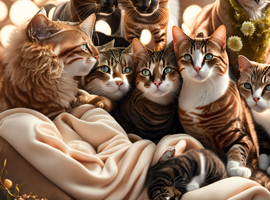 Assortment of cats cuddled in blankets with warm lighting and soft background.