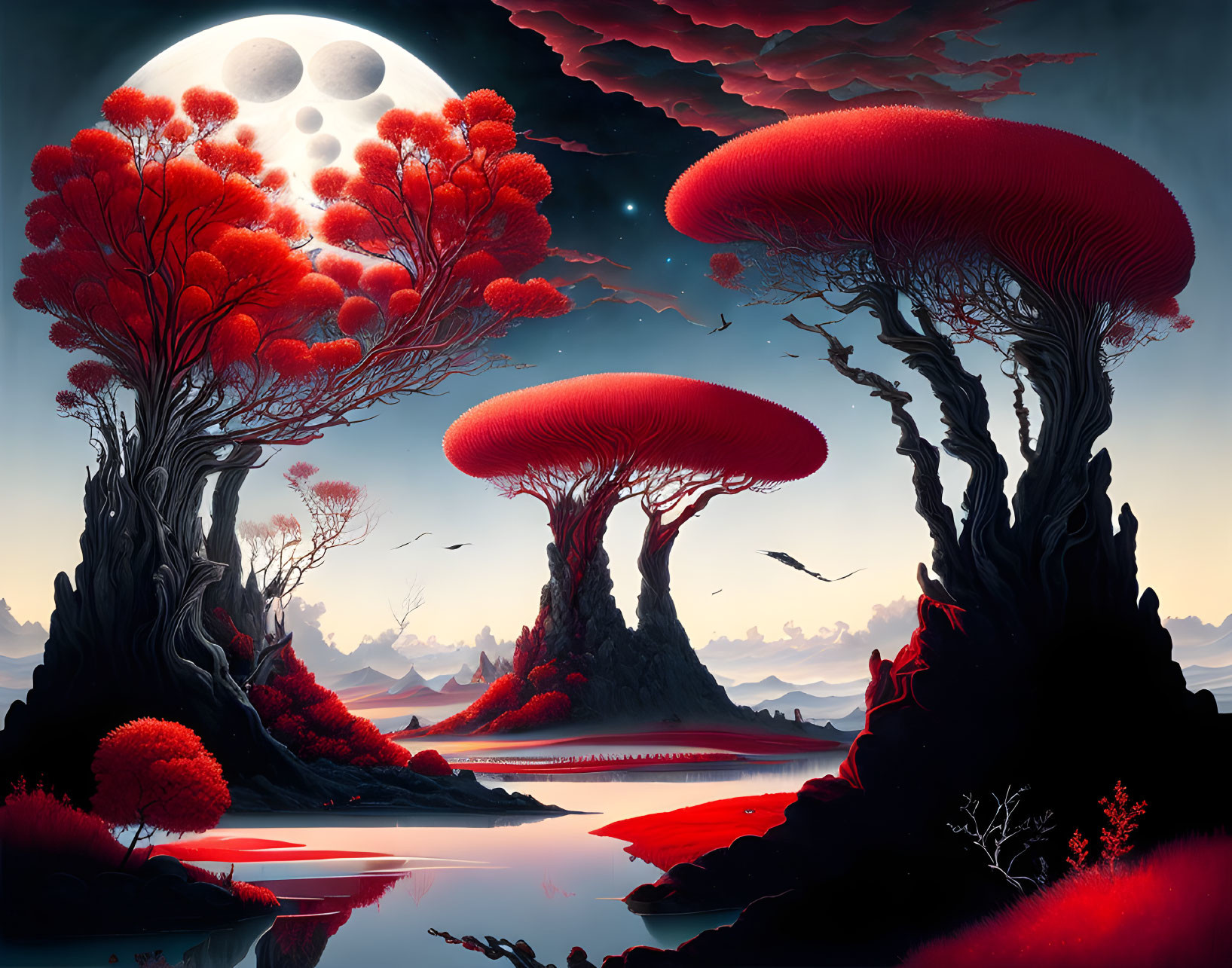 Surreal landscape with oversized red mushrooms, reflective lake, moonlit sky, and silhouet