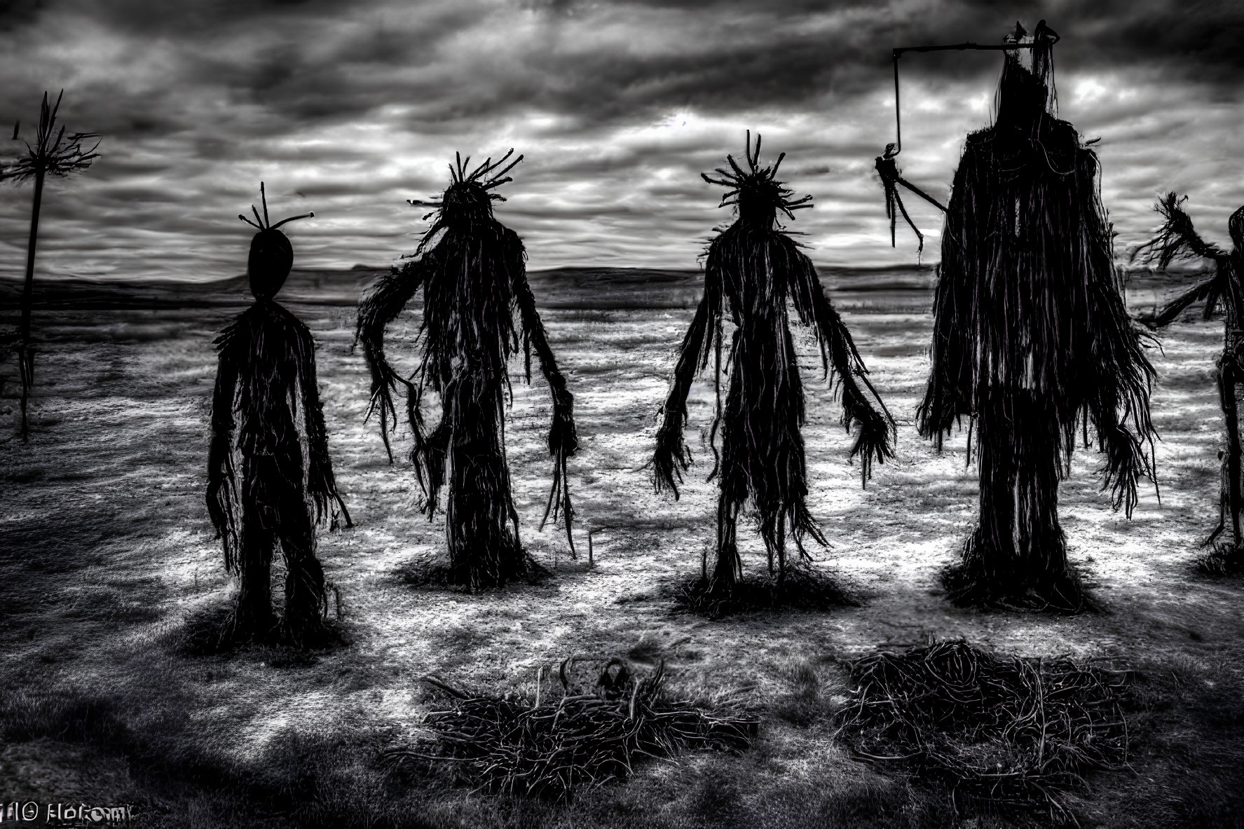 Eerie monochrome straw figures in open field under dramatic sky