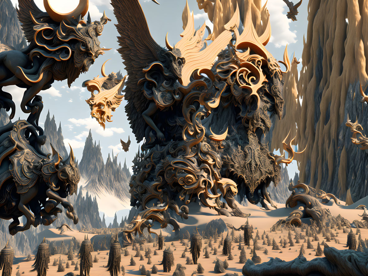 Intricate golden dragon structures in surreal landscape