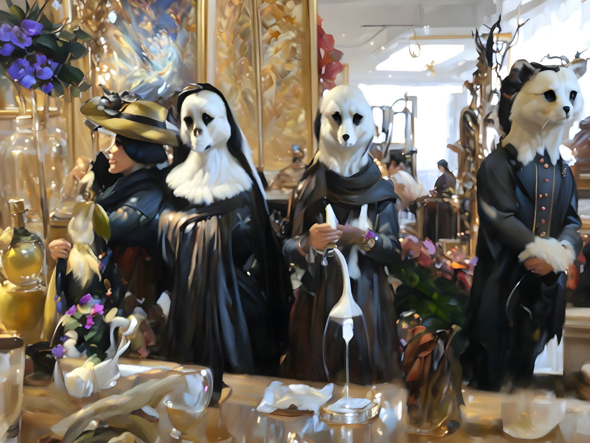 Four human-bodied figures with dog heads in vintage attire in a boutique setting.