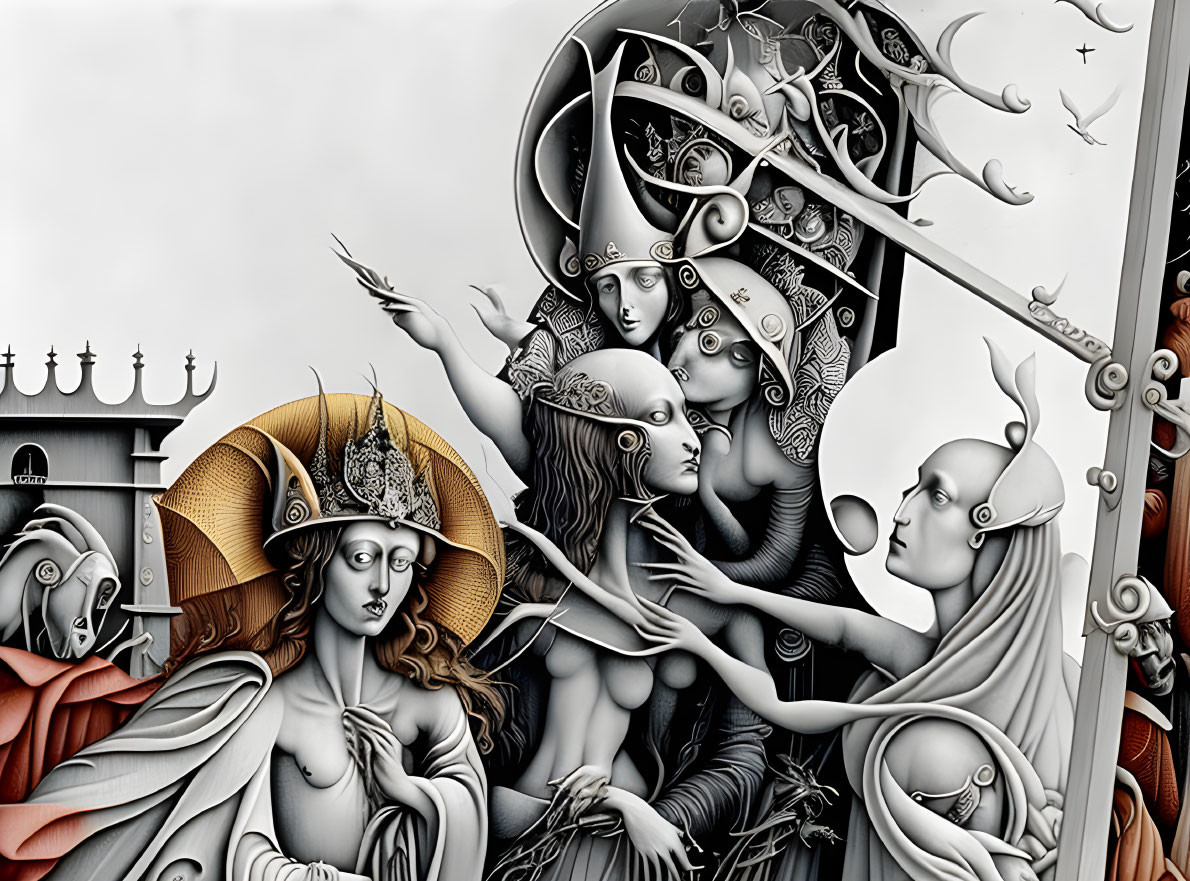 Surrealist grayscale artwork with intertwined human figures and chess pieces