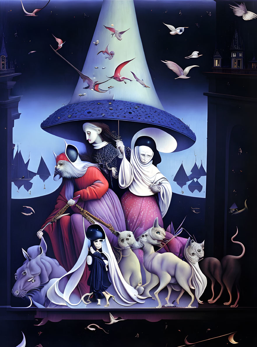 Surreal painting: three robed figures with animal faces under an umbrella