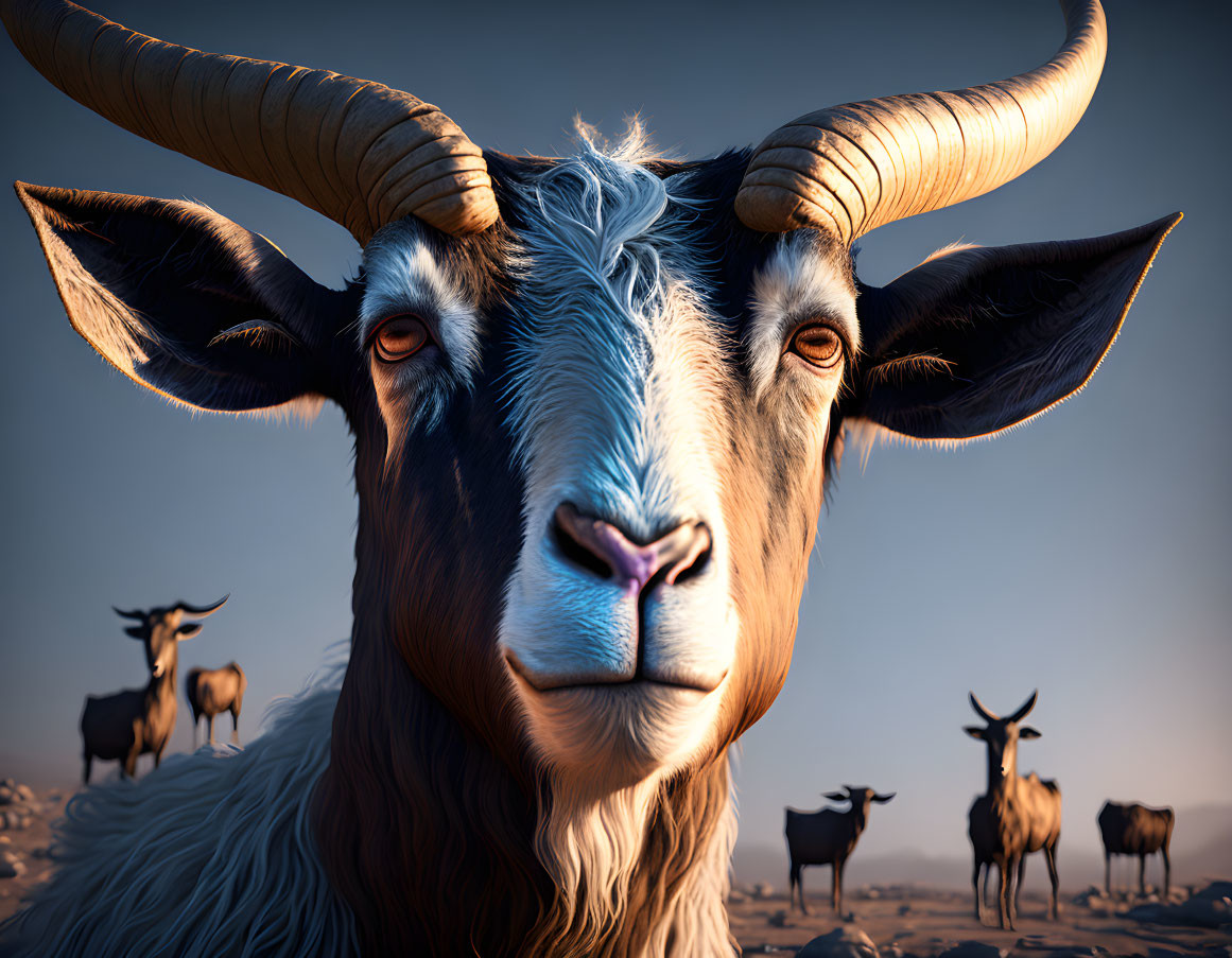 Realistic goat with curved horns against clear sky