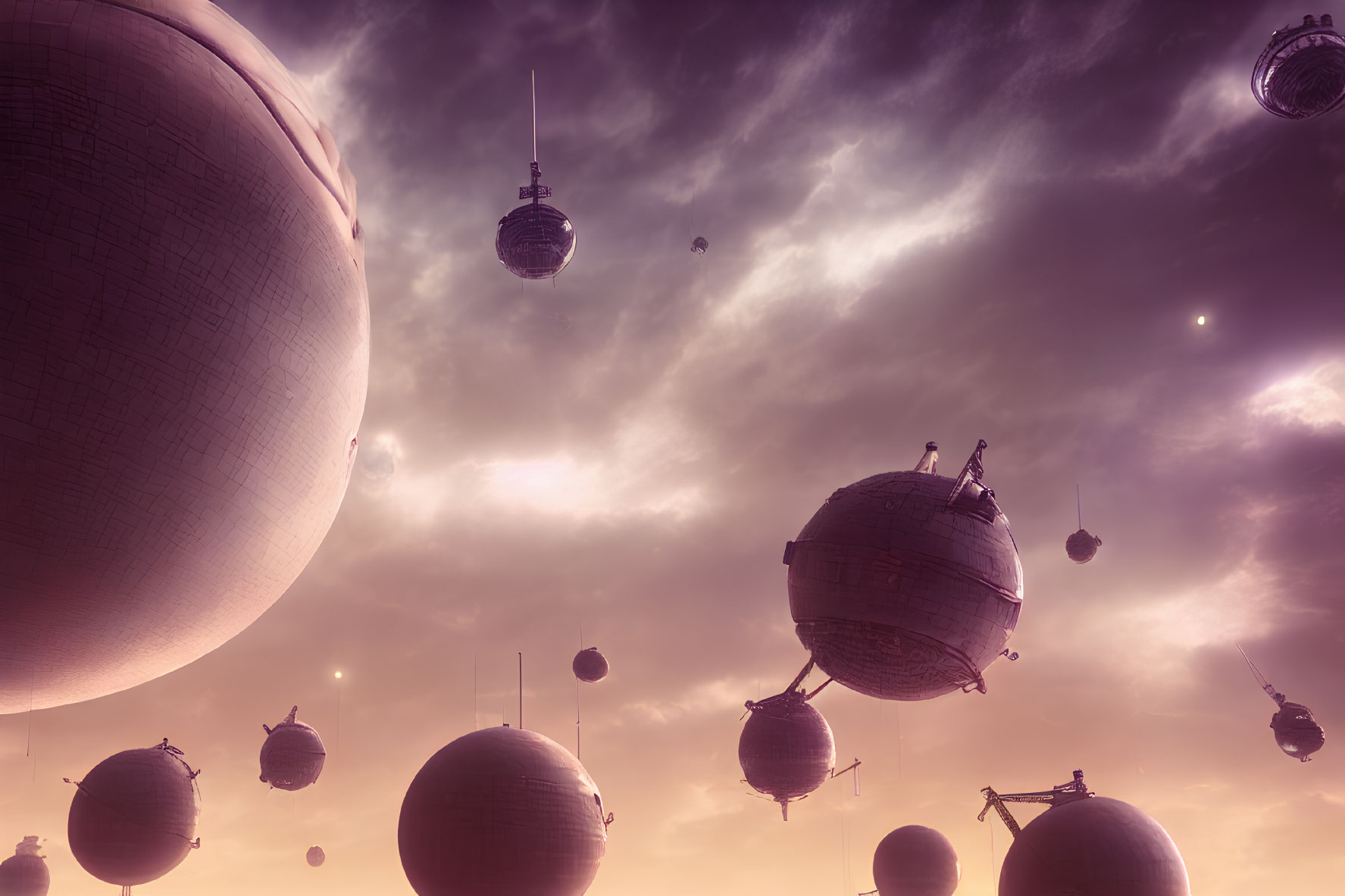 Dreamlike sky scene with floating spheres in surreal purple atmosphere