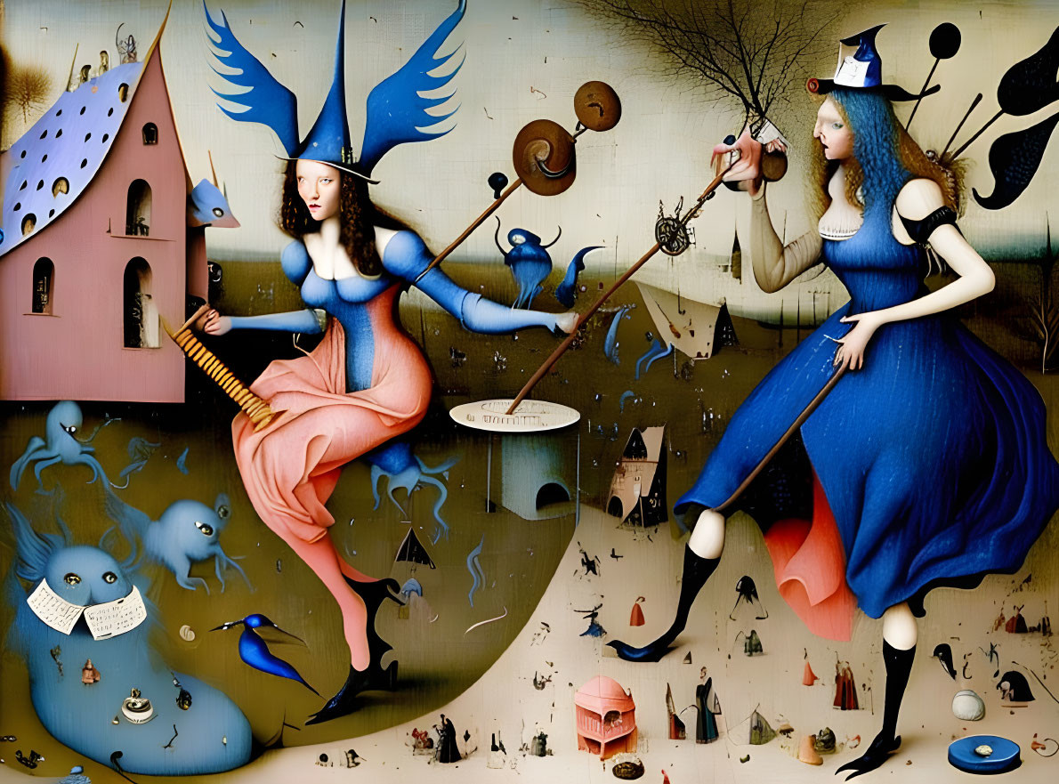 Surreal painting of women with elongated limbs and bird-like features in whimsical scene