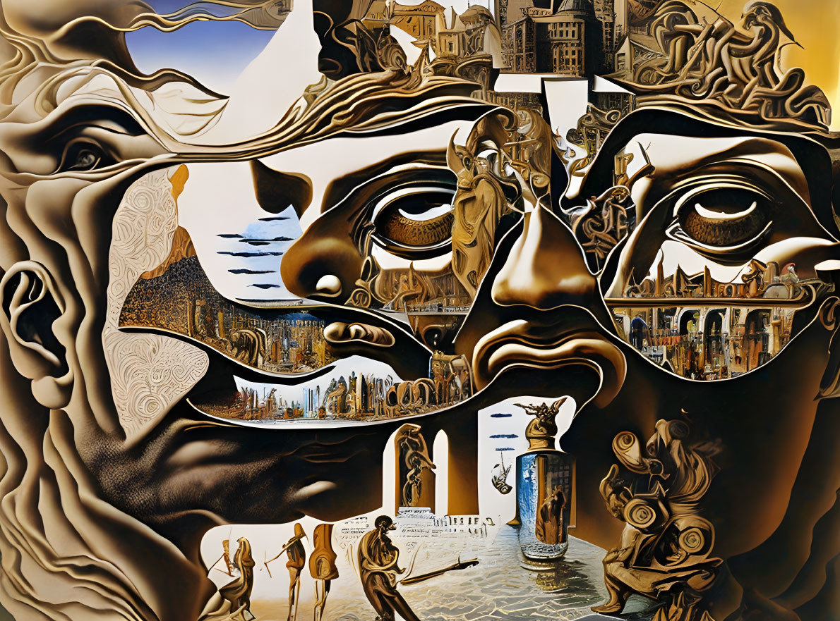 Surrealistic painting: Faces, landscapes, architecture, classical elements in sepia tones