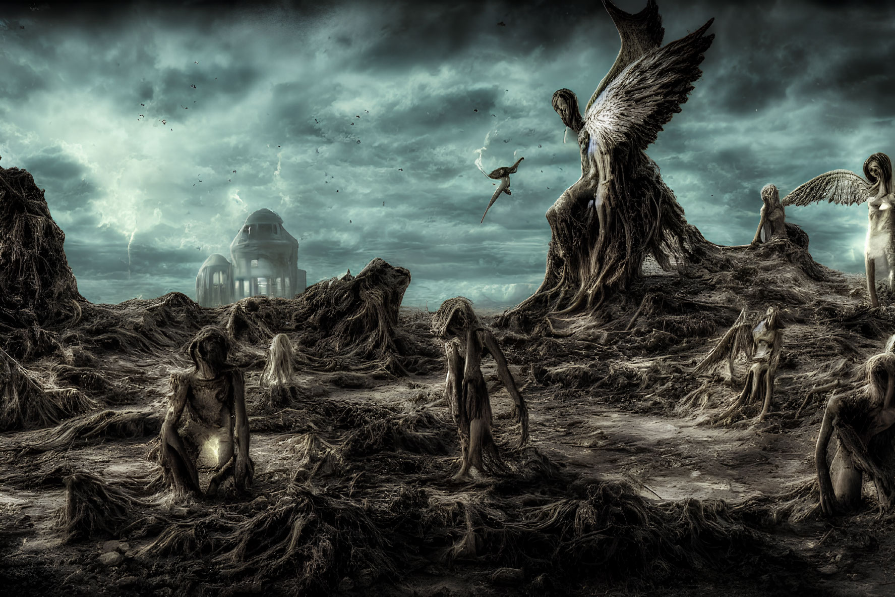 Surreal landscape with anguished figures, angels, and classical dome structure