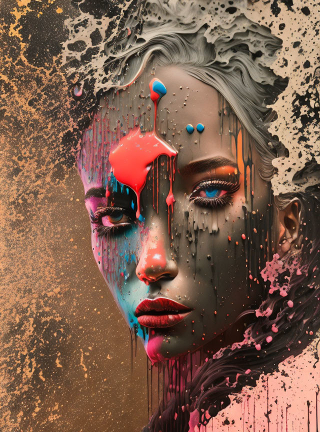 Surreal artwork: woman's face with melting features in vibrant hues