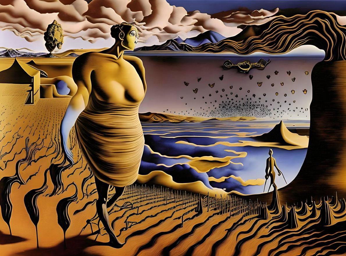 Surrealist landscape with anthropomorphic figures and melting shapes