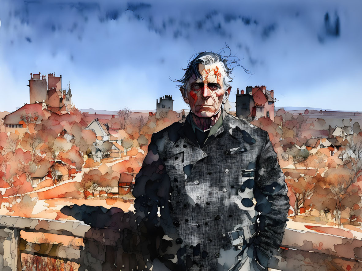 Illustrated man with bloodstain, cityscape with autumn trees under cloudy sky