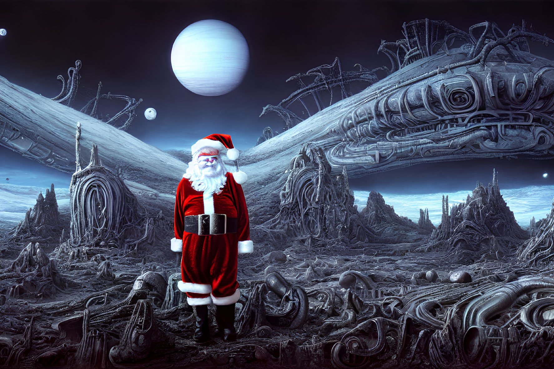 Santa Claus in surreal alien landscape with large planet and futuristic structures