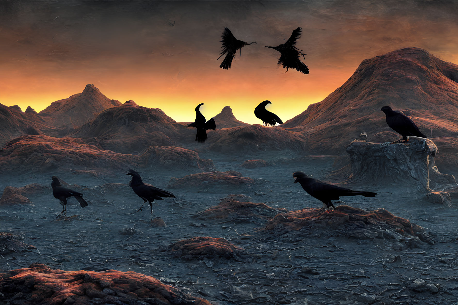 Group of ravens on volcanic landscape with fiery skies