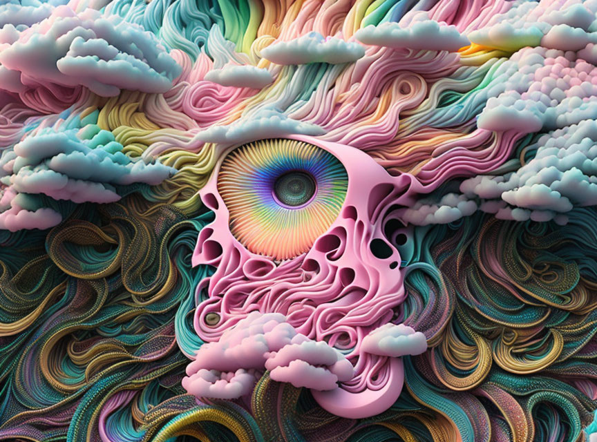 Colorful surreal artwork with swirling patterns, pastel clouds, and central eye motif.