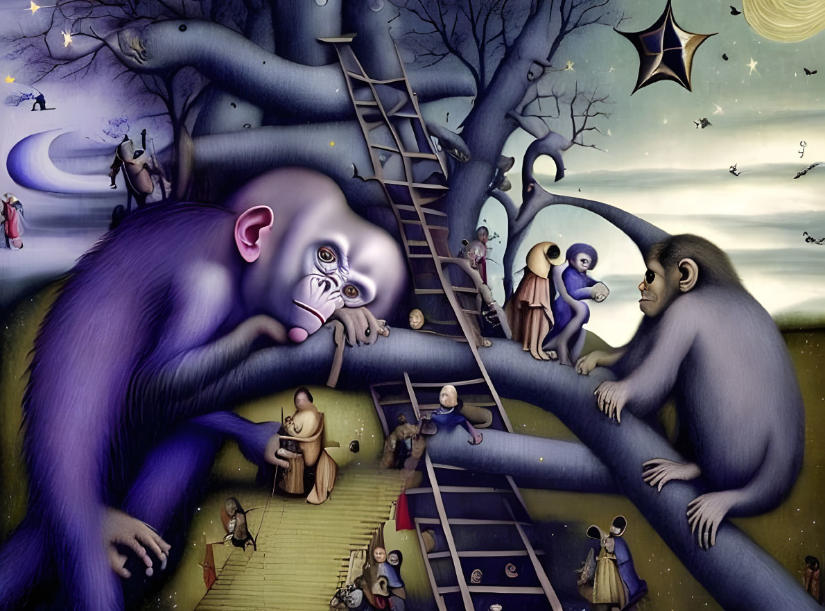 Surreal painting: Oversized monkeys in dream-like landscape