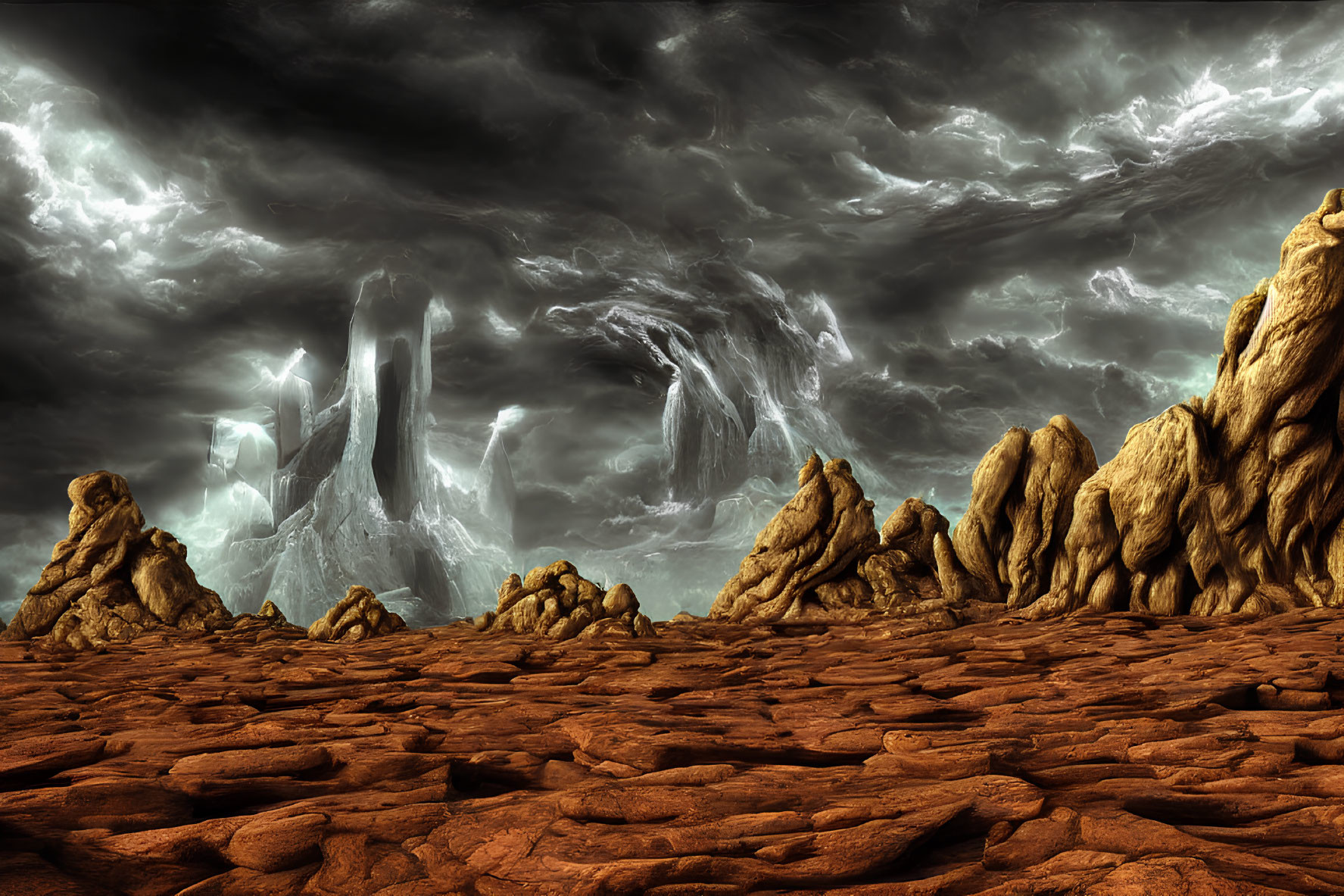 Cracked red earth, towering rock formations, tumultuous sky