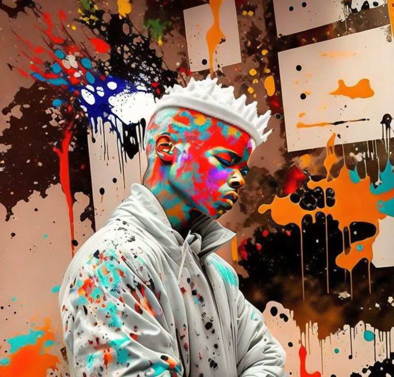 Paint-splattered person against abstract art backdrop