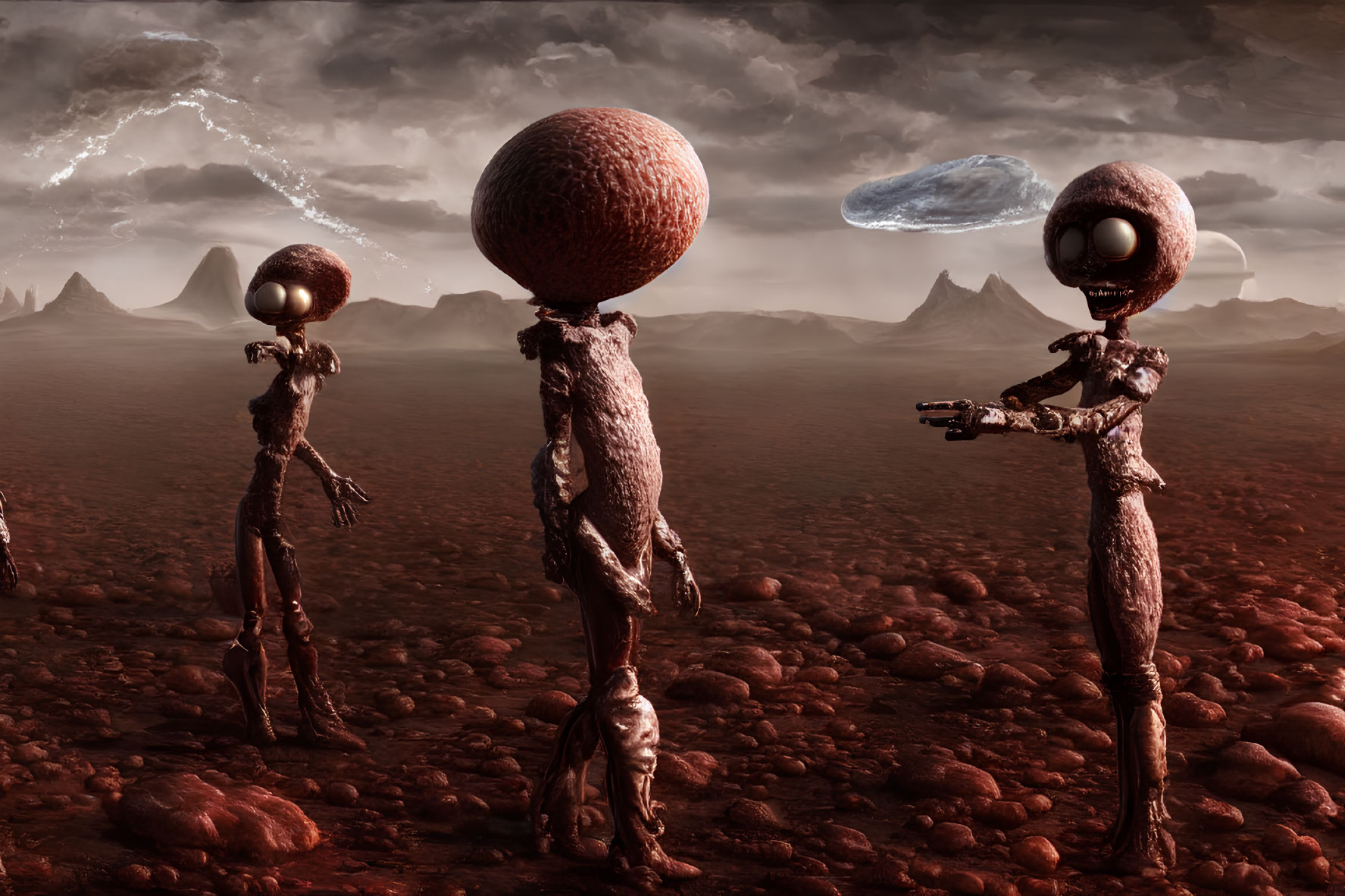 Three humanoid figures with spherical helmets on barren rocky landscape, two with electric discharges above their heads