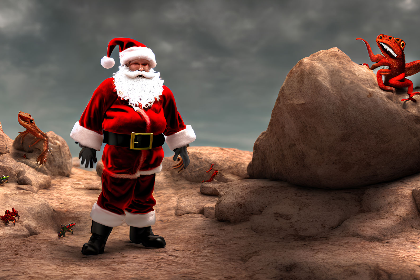 Santa Claus in desert with colorful dinosaurs