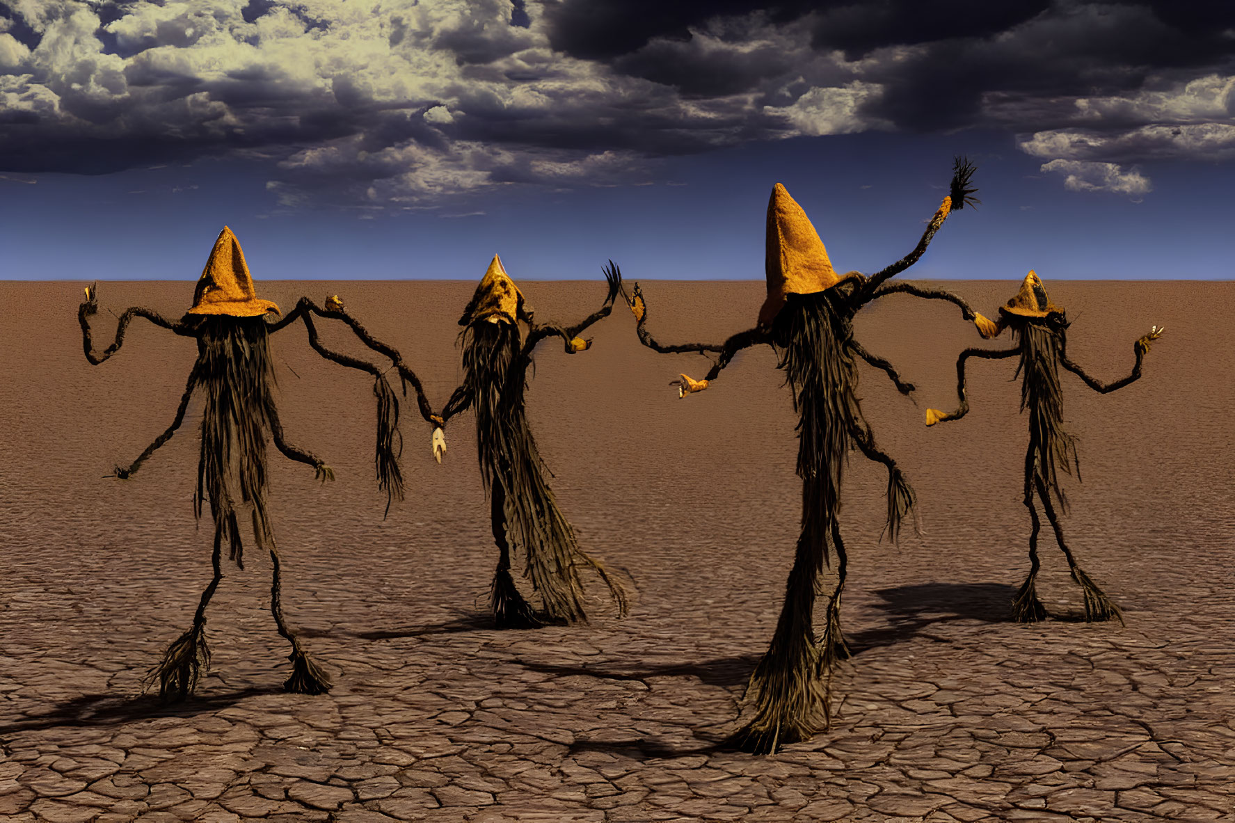 Anthropomorphic Tree Figures in Desert Landscape with Pointed Hats