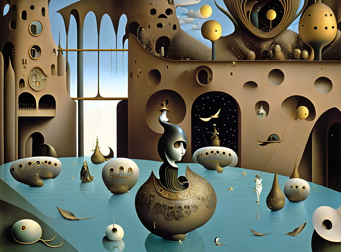 Surrealistic painting featuring chess pieces, celestial orbs, and architectural landscape at dusk