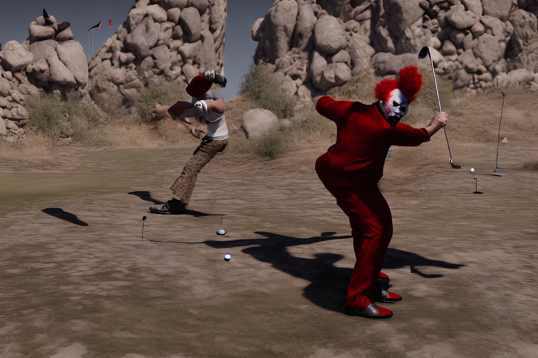 Clown playing golf in desert landscape