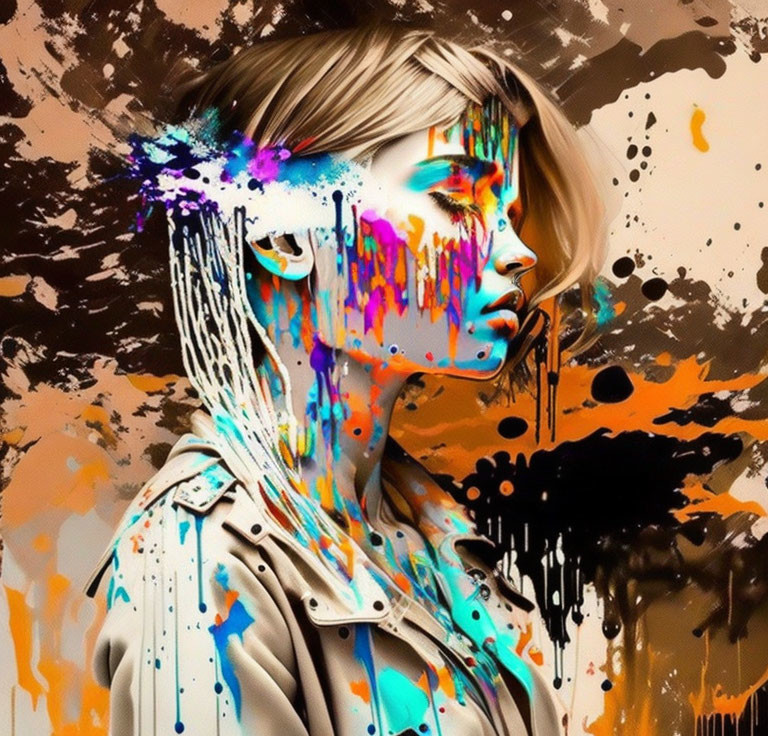 Colorful abstract portrait of woman with paint drips on tan background