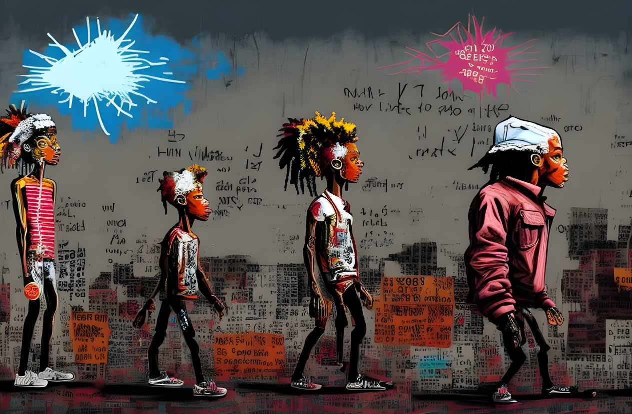 Colorful Graffiti Wall: Stylized Cartoon Characters Walking