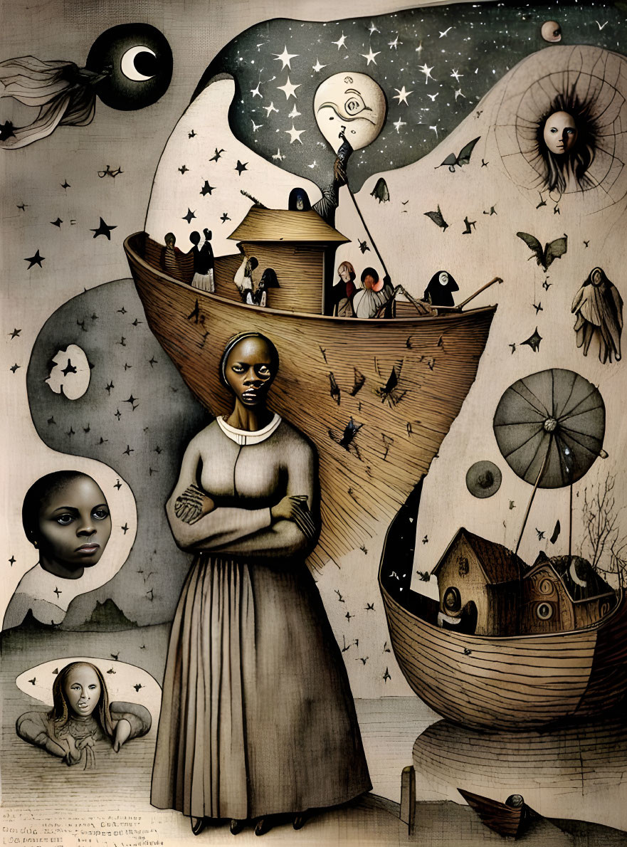 Surreal Artwork: Woman with Ship on Head, Celestial Elements, Dark Starry Back