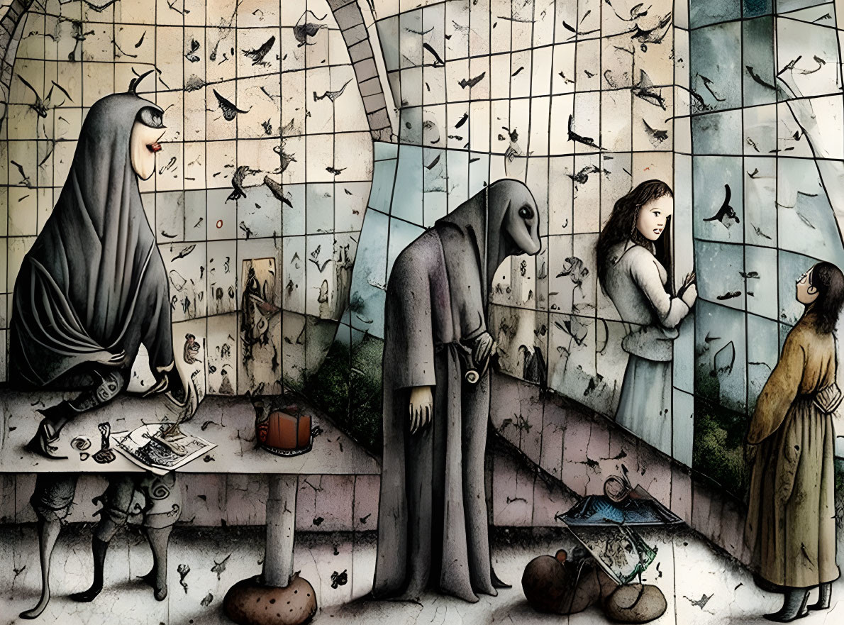 Surreal artwork: Robed figures with birdcages for heads, humans in bird-filled enclosure