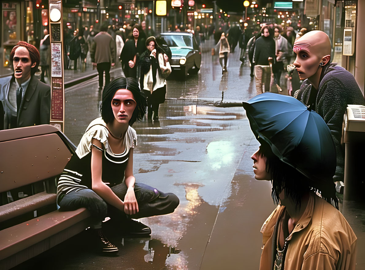 Pedestrians and mannequins in a rainy street scene.