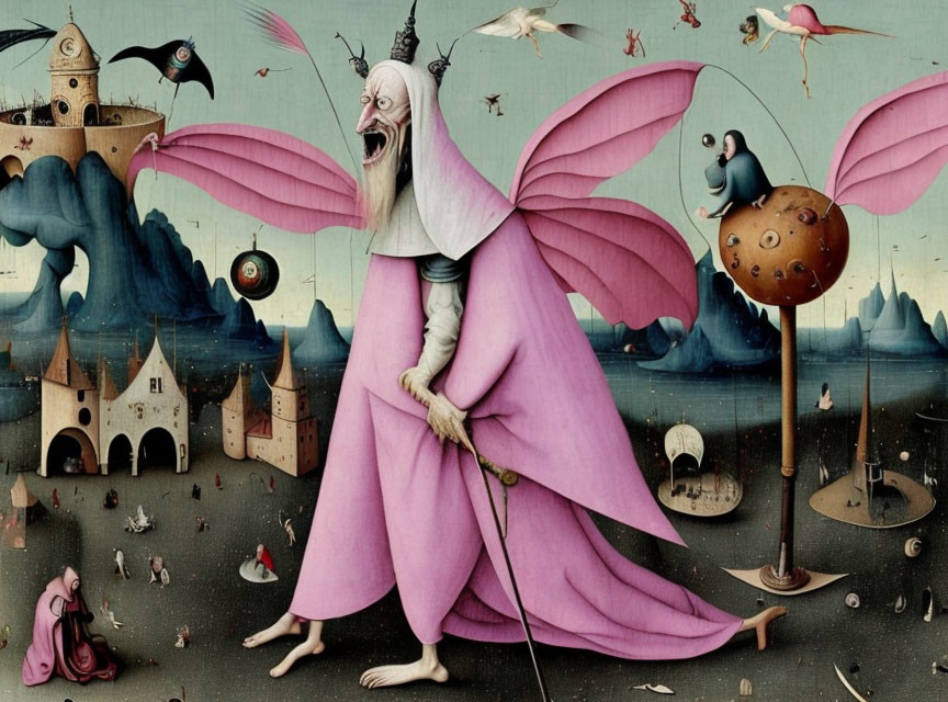 Surreal painting of large-winged humanoid in pink robe with whimsical landscape