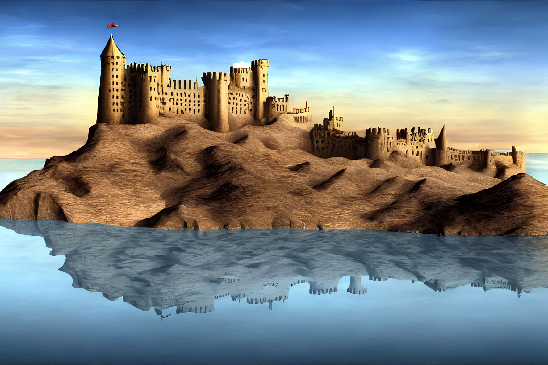 Detailed Sandcastle Reflecting on Water at Twilight