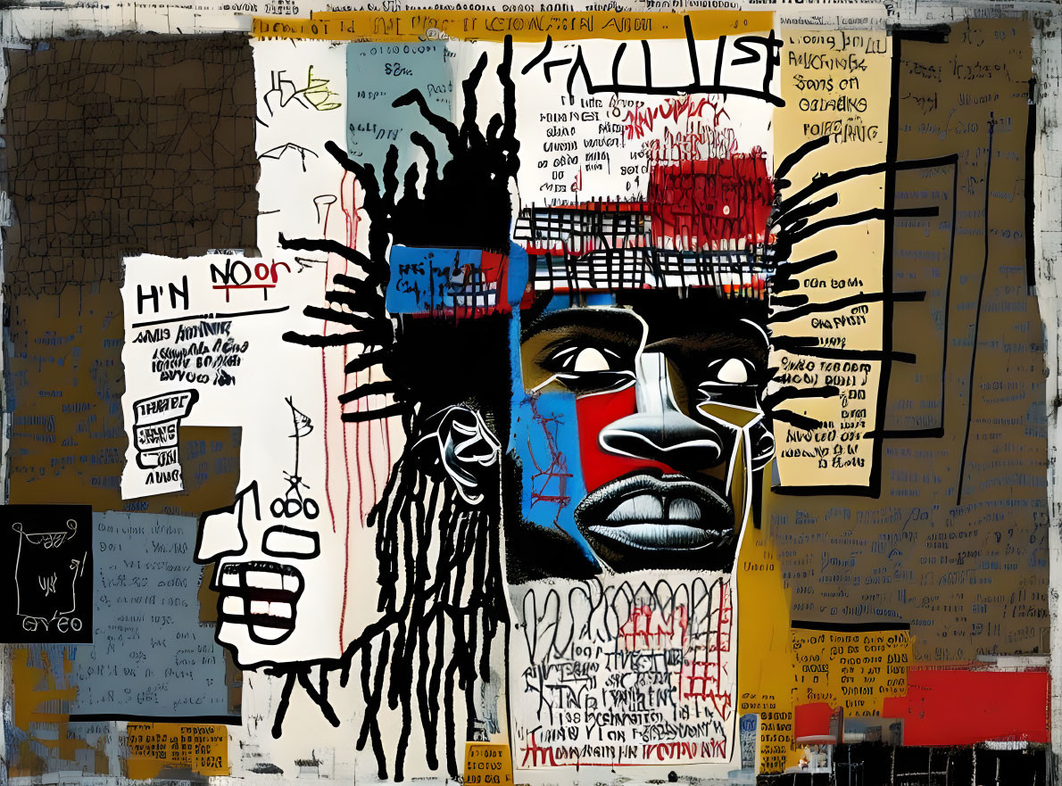 Abstract portrait with blue and red paint smears and graffiti-style elements on textured background