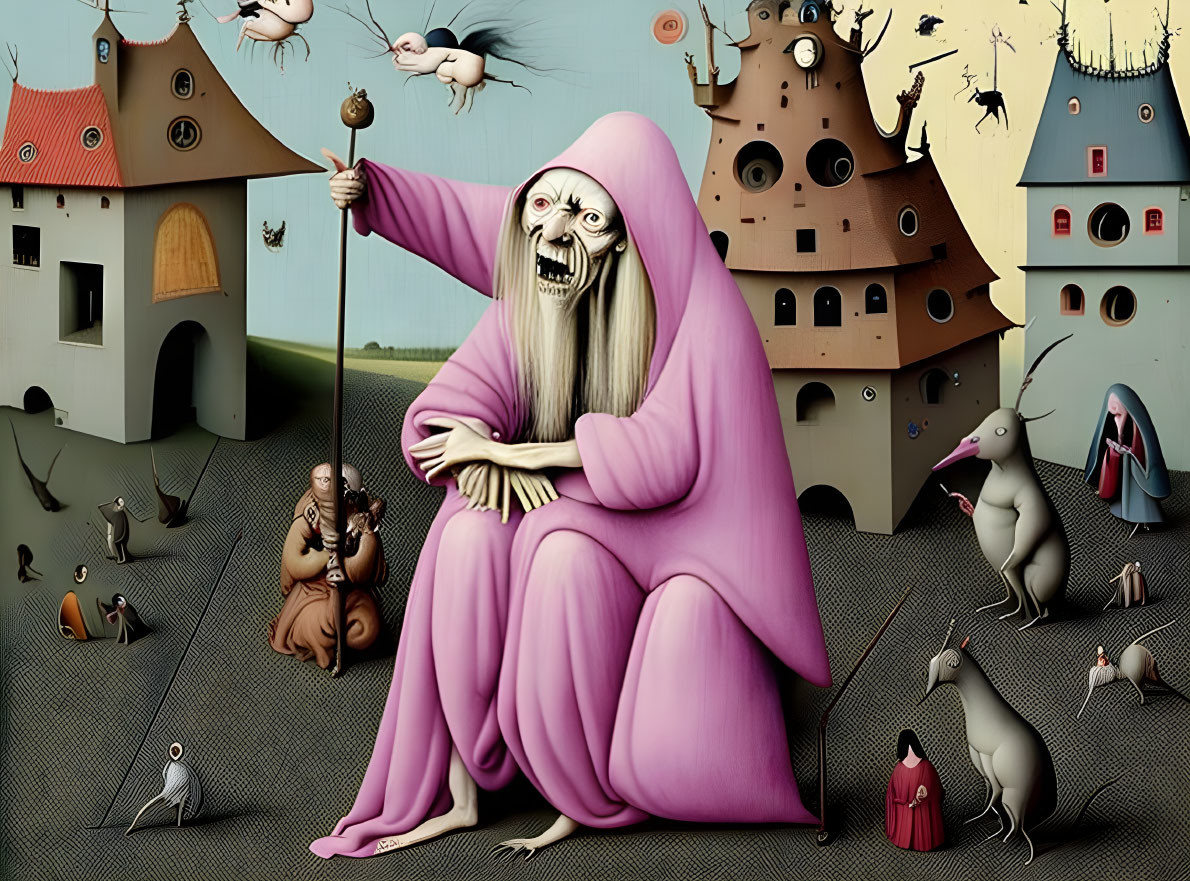 Surreal art: Large pink-robed skeletal figure surrounded by bizarre creatures and whimsical structures