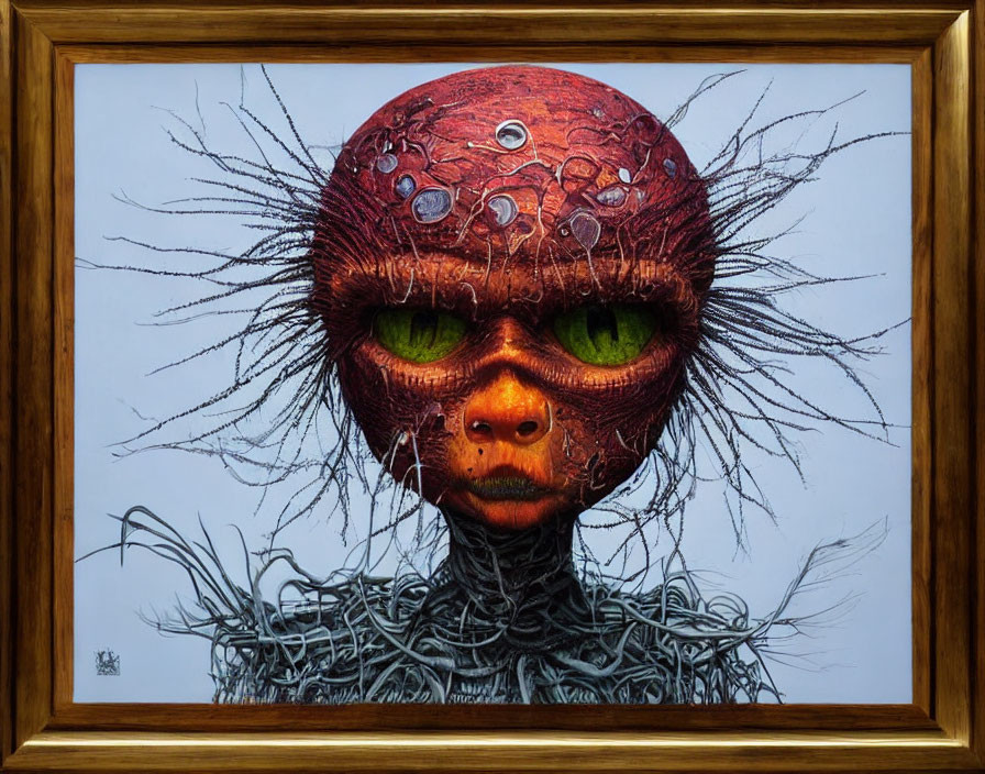 Framed surreal portrait of otherworldly creature with green eyes