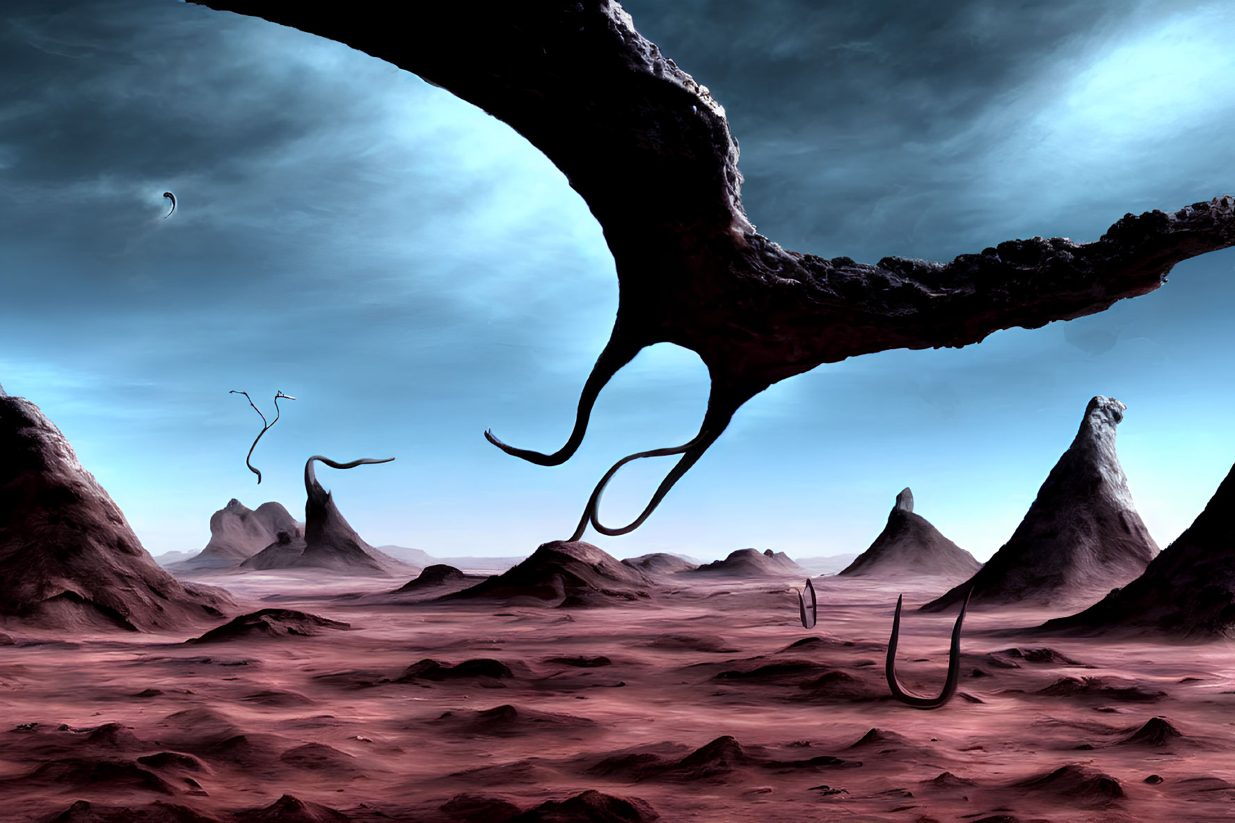 Desolate alien landscape with twisted rock formations and tentacle-like structures