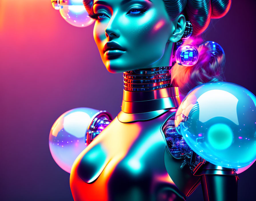 Futuristic female robot with glowing orbs and neon lighting