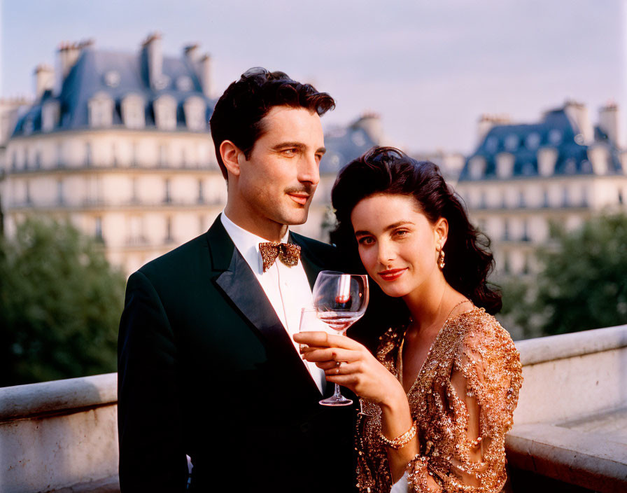 Stylish couple in formal attire enjoying drinks on balcony with cityscape view