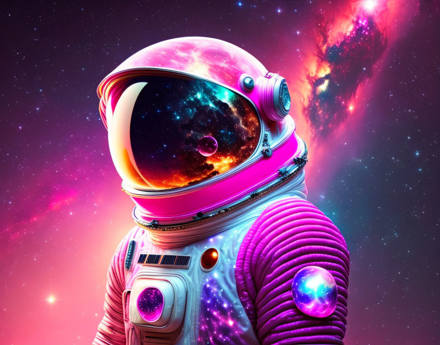 Colorful Astronaut Illustration with Galaxy Helmet in Cosmic Background