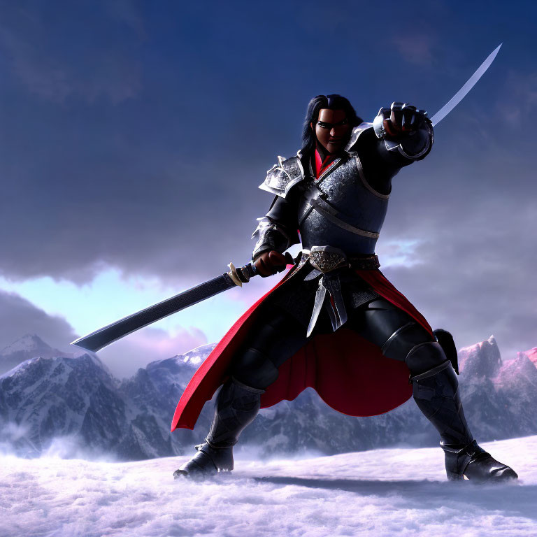 Medieval warrior in armor with sword in snowy mountain landscape