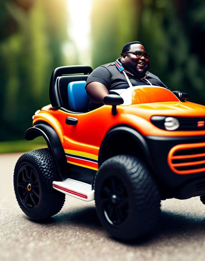 Cheerful person driving small orange toy-like car in greenery