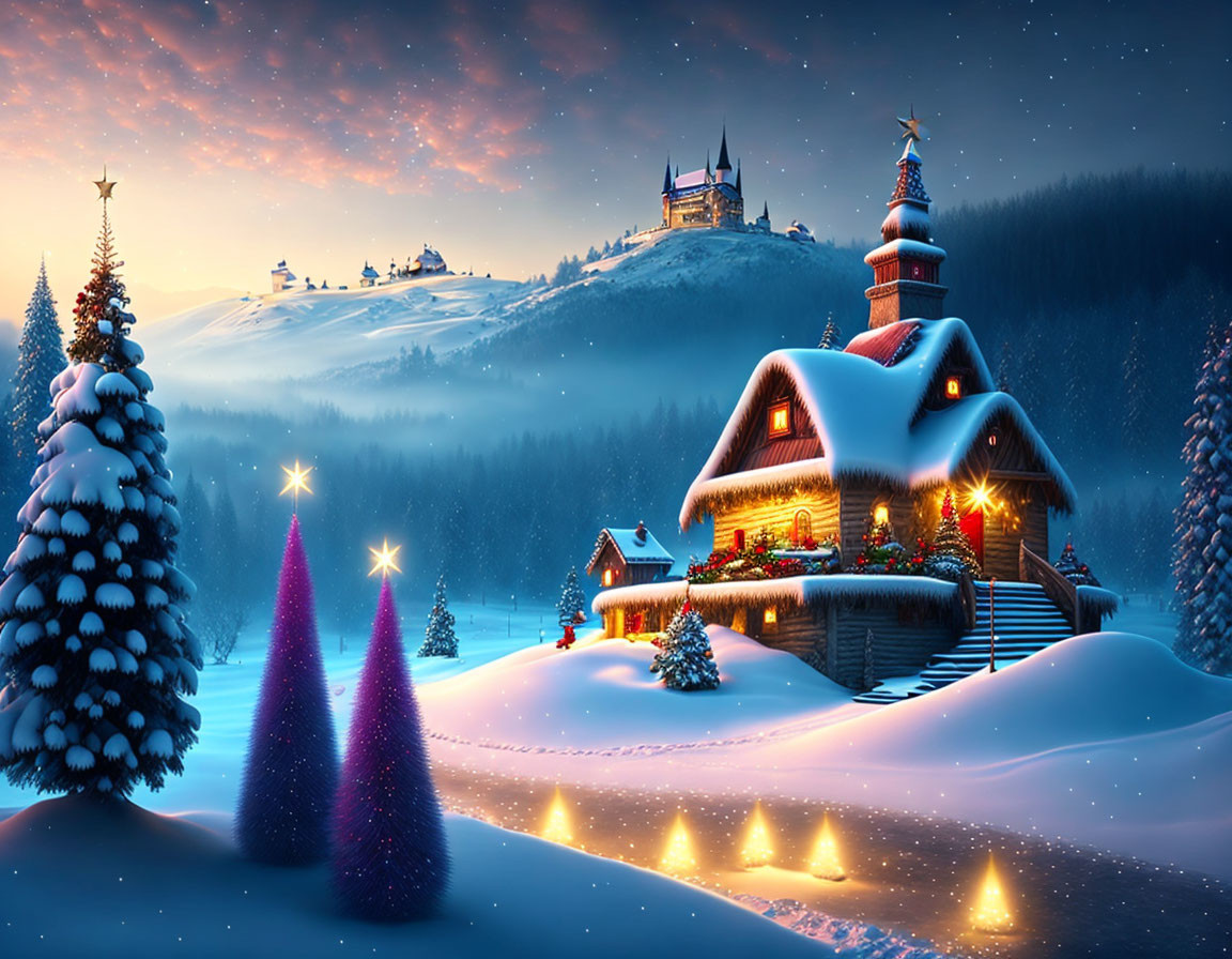 Winter scene: Cozy cottage, Christmas trees, castle, twilight sky